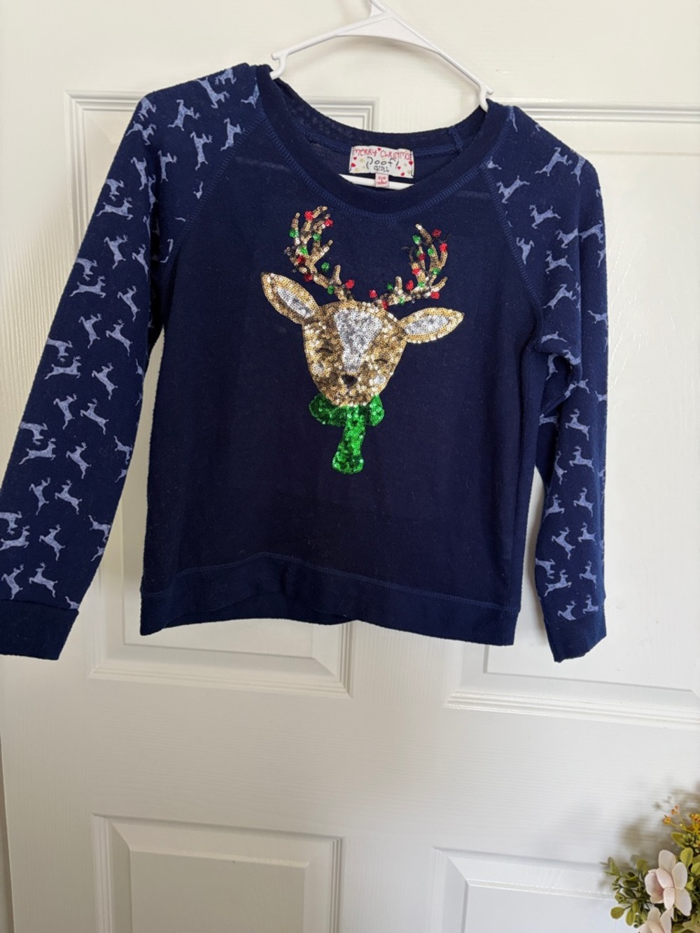 Poof! Girls' Navy Sequin Reindeer Sweater
